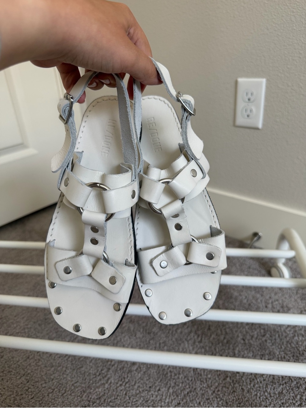 Re/Done White Studded Leather Sandals